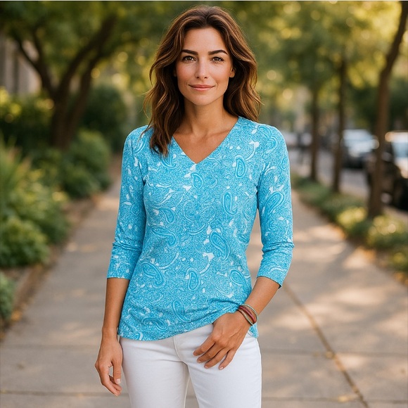 NWT Talbots 100% Cotton Playful Paisley V-Neck Sweater Size PL - Picture 2 of 13